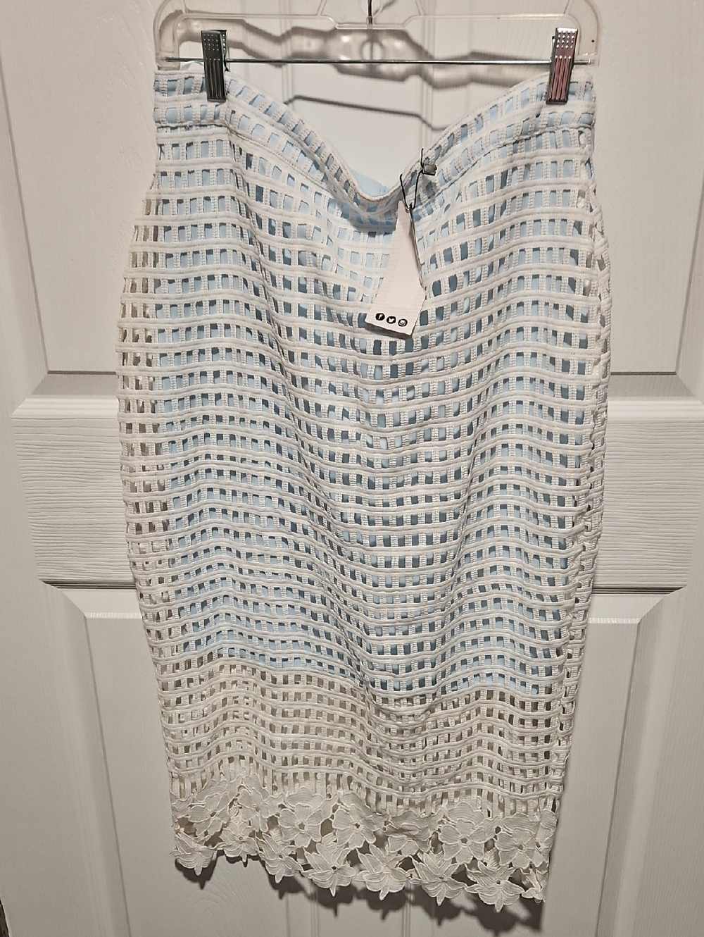 Boohoo Light Blue and White Lace-Trim Pencil Skirt